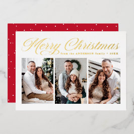Kerstmis met gouden kalligrafie schrift 3 foto folie feestdagenkaart