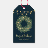 Kerstmis met gouden strijklampjes op blauw cadeaulabel (Voorkant)