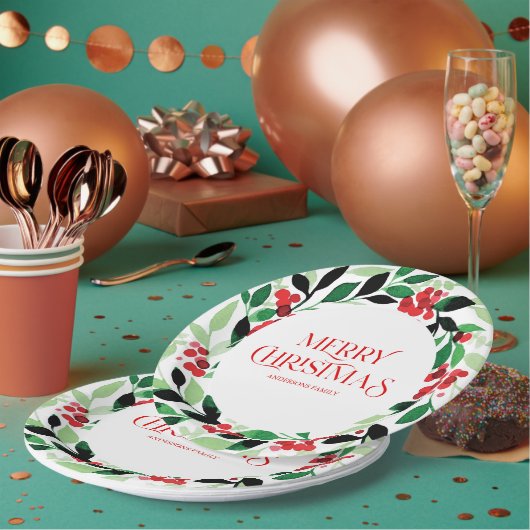 Kerstmis met groene bladeren en rode bessen papieren bordje (Multi)