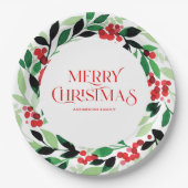 Kerstmis met groene bladeren en rode bessen papieren bordje (Voorkant)