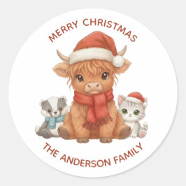 Kerstmis met Highland Koe met Naam van Familie Ronde Sticker
