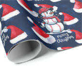 Kerstmis met honkbal op blauwe achtergrond cadeaupapier (Rol Hoek)