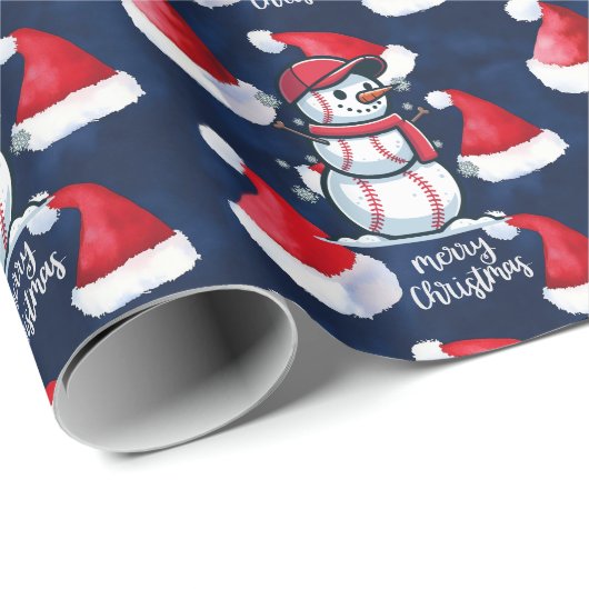 Kerstmis met honkbal op blauwe achtergrond cadeaupapier (Rol Hoek)