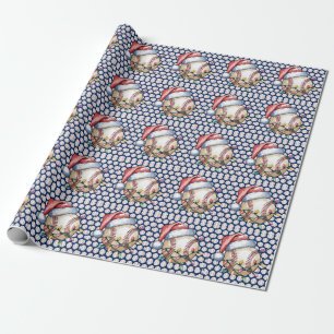 Kerstmis met honkbal op blauwe achtergrond cadeaupapier
