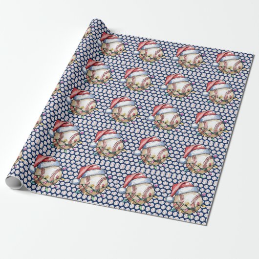 Kerstmis met honkbal op blauwe achtergrond cadeaupapier (Uitgerold)
