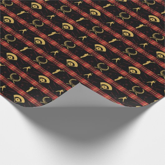 Kerstmis met honkbal - Red Check Pattern Cadeaupapier (Hoek)