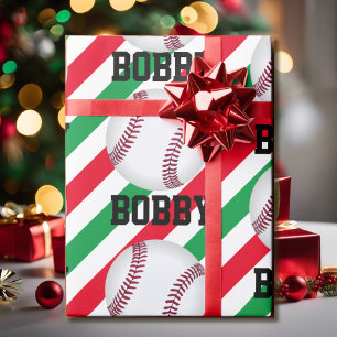 Kerstmis met honkbal Voeg daar de naam Stripe Red  Cadeaupapier