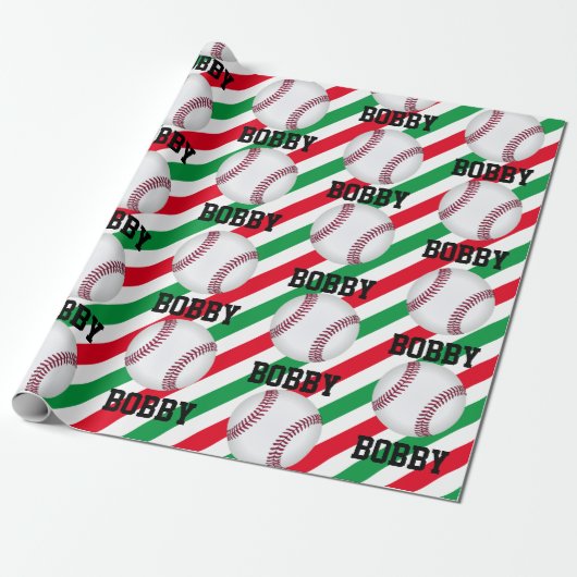 Kerstmis met honkbal Voeg daar de naam Stripe Red  Cadeaupapier (Uitgerold)