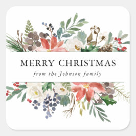 Kerstmis met kerstbes en bloemen vierkante sticker