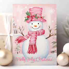 Kerstmis met Kerstkrans Mooie Roze Sneeuwman Feestdagen Kaart