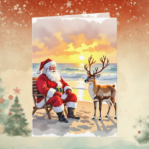 Kerstmis met Kerstman en rendieren op het strand P Feestdagen Kaart