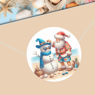 Kerstmis met Kerstman en Sneeuwman op een tropisch Ronde Sticker