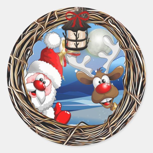 Kerstmis met kerstmis en rendieren ronde sticker (Voorkant)