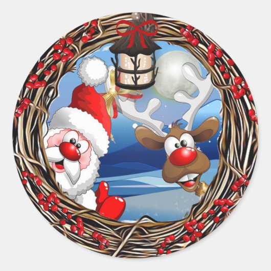 Kerstmis met kerstmis en rendieren ronde sticker (Voorkant)