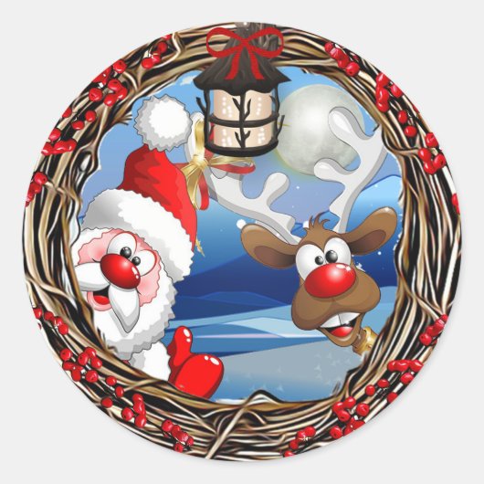 Kerstmis met kerstmis en rendieren ronde sticker (Voorkant)