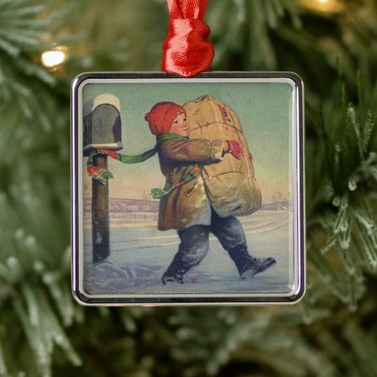 Kerstmis met kind en groot pakket metalen ornament (Boom)
