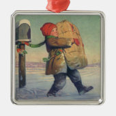 Kerstmis met kind en groot pakket metalen ornament (Voorkant)