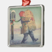 Kerstmis met kind en groot pakket metalen ornament (Links)
