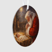 Kerstmis met knielende Kerstman bij de kribbe Ornament (voorkant)