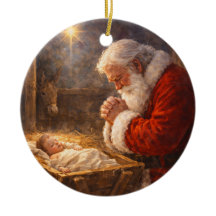 Kerstmis met knielende Sinterklaas bij de kribbe