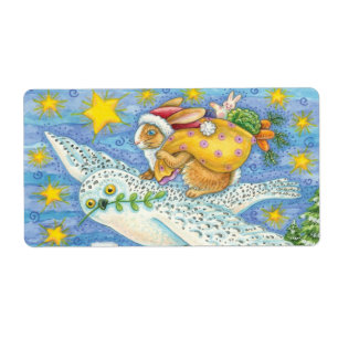 Kerstmis met konijn als kerstman op hol etiket