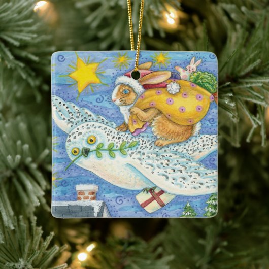 Kerstmis met konijn als kerstman op hol keramisch ornament (Boom)