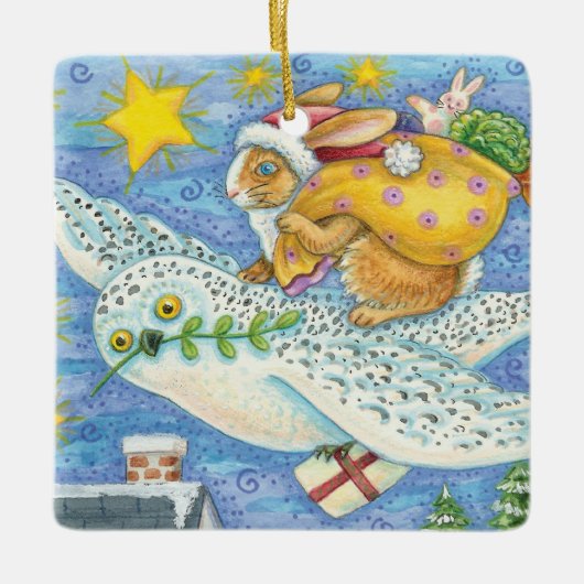 Kerstmis met konijn als kerstman op hol keramisch ornament (Voorkant)