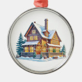 Kerstmis met Log Cabin Metalen Ornament (Voorkant)