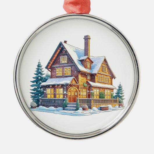 Kerstmis met Log Cabin Metalen Ornament (Voorkant)