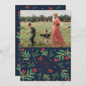 Kerstmis met marineblauwe en rode kerstgroen Kerst Kaart (Voorkant / Achterkant)