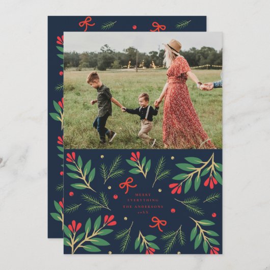 Kerstmis met marineblauwe en rode kerstgroen Kerst Kaart (Voorkant / Achterkant)
