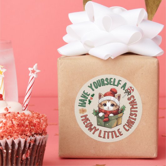 Kerstmis met Meowy Kawaii Oranje Kat Ronde Sticker (Feest)