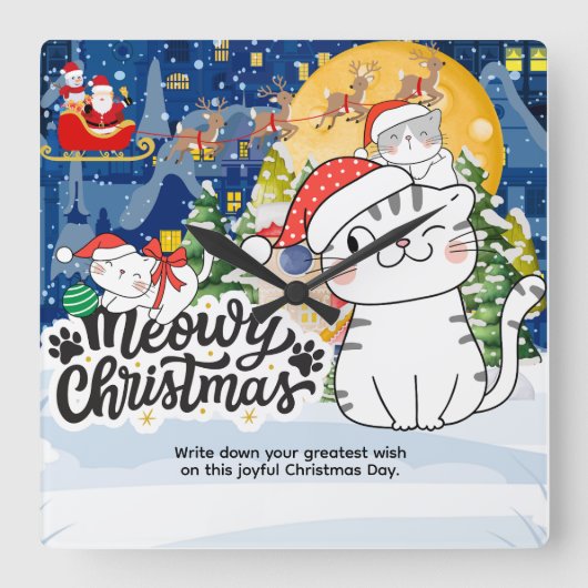 Kerstmis met Miauw Vierkante Klok (Voorkant)