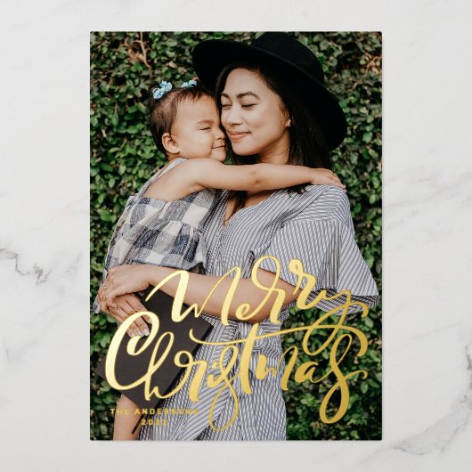Kerstmis met moderne kalligrafie foto folie feestdagenkaart (Voorkant)