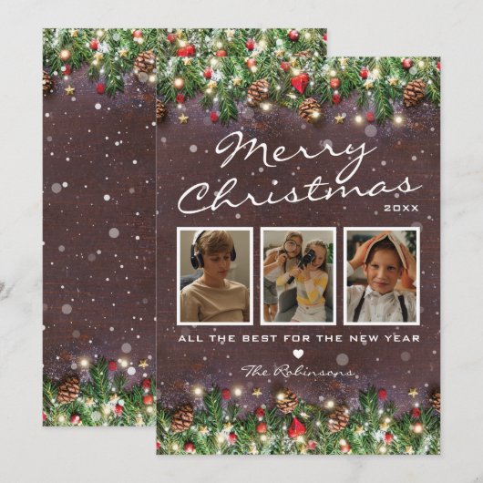 Kerstmis met oud hout 3 foto's feestdagenkaart (Voorkant / Achterkant)