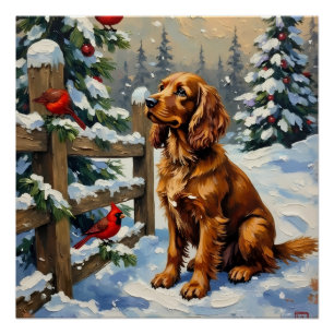 Kerstmis met Oude Cocker Spaniel en Kardinalen Perfect Poster
