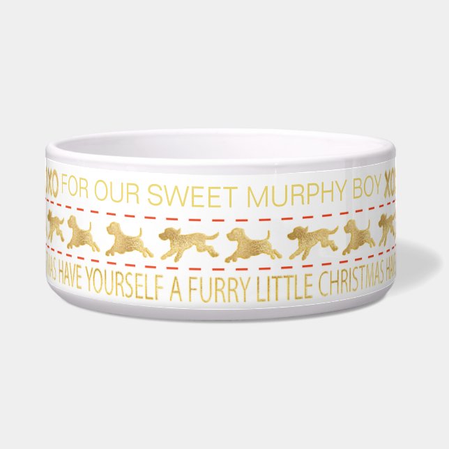 Kerstmis met Pet Bowl "GOLD/UGLY SWEATER" Voerbakje (Voorkant)