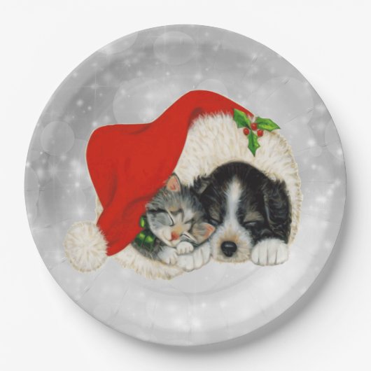 Kerstmis met Pet met kerstmis met Cute Dog Cat San Papieren Bordje (Voorkant)