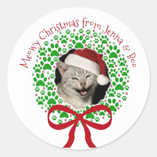 Kerstmis met poesige krans foto ronde sticker (Voorkant)