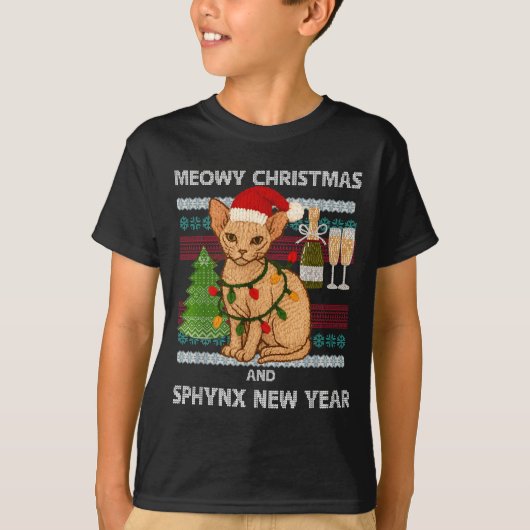 Kerstmis met poezen grappige Sphynx kat kerstmuts T-shirt (Voorkant)