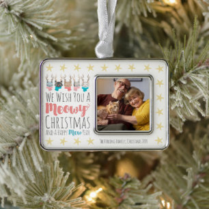 Kerstmis met poezen + herten Gezellige minifoto Verzilverd Omlijst Ornament