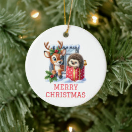 Kerstmis met rendieren en egels keramisch ornament