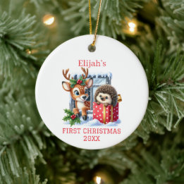 Kerstmis met rendieren en egels keramisch ornament