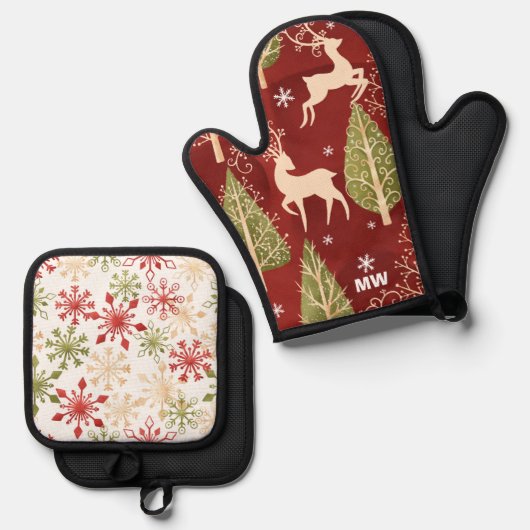 Kerstmis met rennierende rendieren ovenwant & pannenlap set (Voorkant / Achterkant)