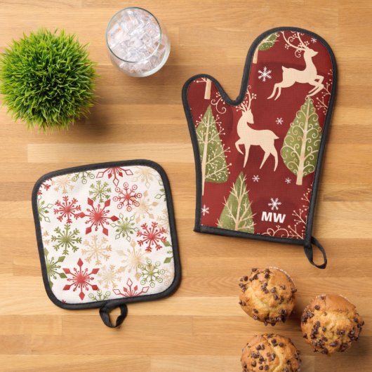 Kerstmis met rennierende rendieren ovenwant & pannenlap set (Top down)