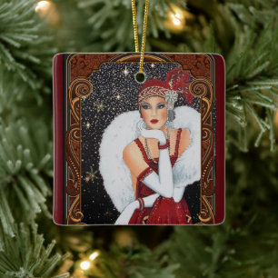  kerstmis met Retro Art Deco Woman Keramisch Ornament