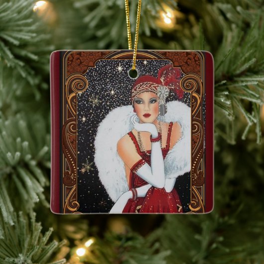 kerstmis met Retro Art Deco Woman Keramisch Ornament (Boom)