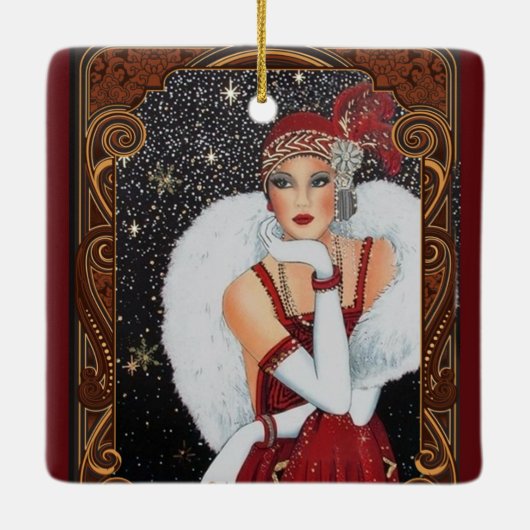 kerstmis met Retro Art Deco Woman Keramisch Ornament (Achterkant)