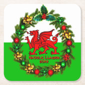 Kerstmis met rode draak met tekstjaar Welsh Flag R Kartonnen Onderzetters (Voorkant)