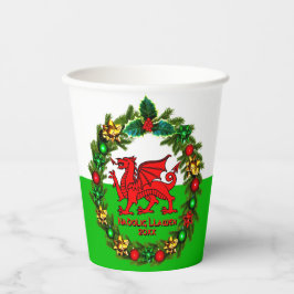 Kerstmis met rode draak met tekstjaar Welsh Flag R Papieren Bekers